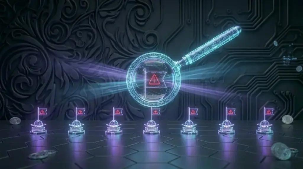 Seven glowing warning flags under a magnifier — red flags to spot before hiring a digital agency