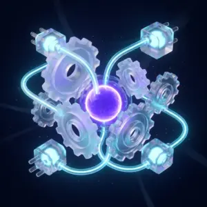 AI agents with tool use — interlocking glass gears and API connectors