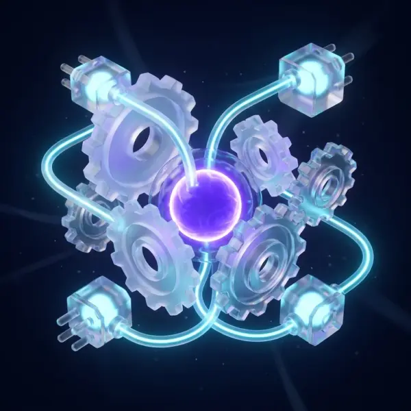 AI agents with tool use — interlocking glass gears and API connectors