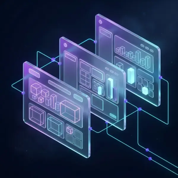 Multi-page business website build — three staggered glass web pages linked by light