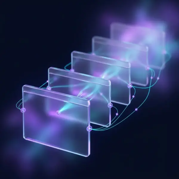 Enterprise website build — glass web pages receding into endless depth