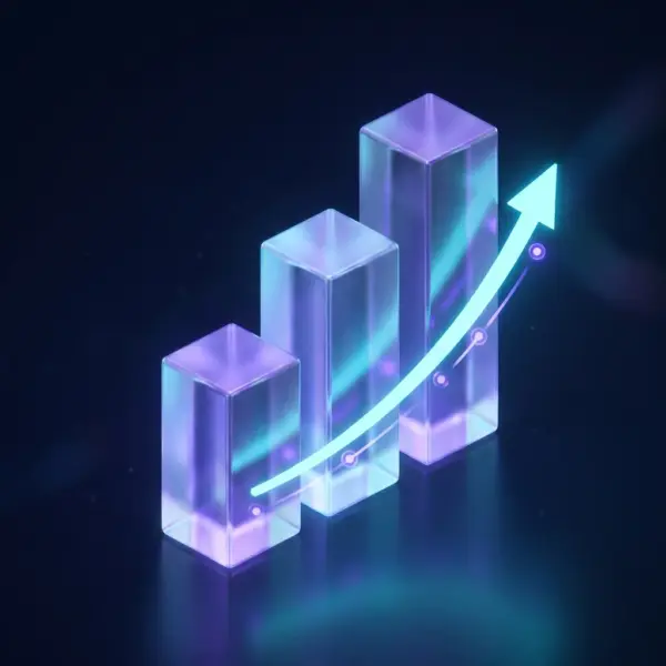 Pro SEO & content retainer — three rising glass growth bars with an upward arrow