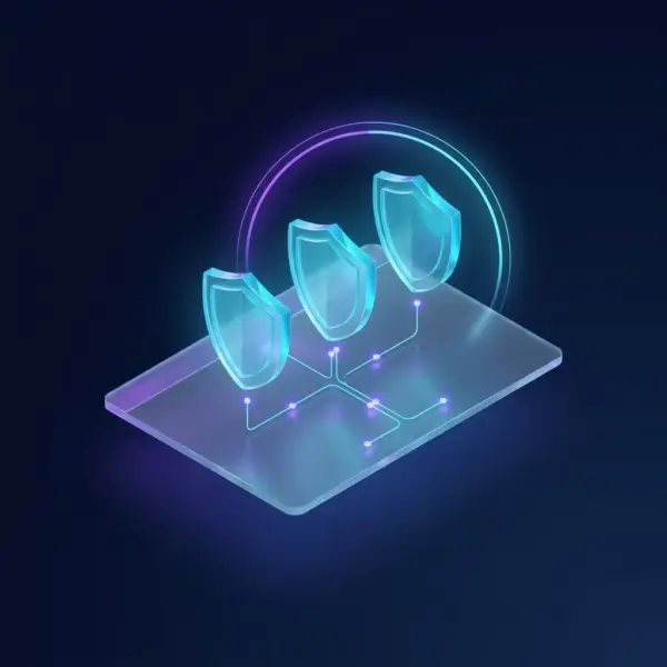 Business website maintenance — three glass shields with an uptime arc