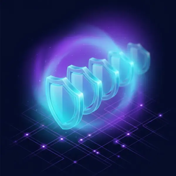 Enterprise website maintenance — layered glass shields over a monitoring grid