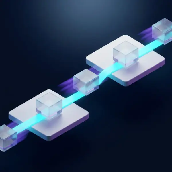 Website migration package — glass data boxes gliding safely between platforms