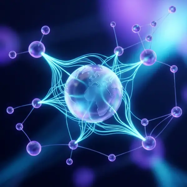 Multilingual content engine — a glass globe branching into language nodes