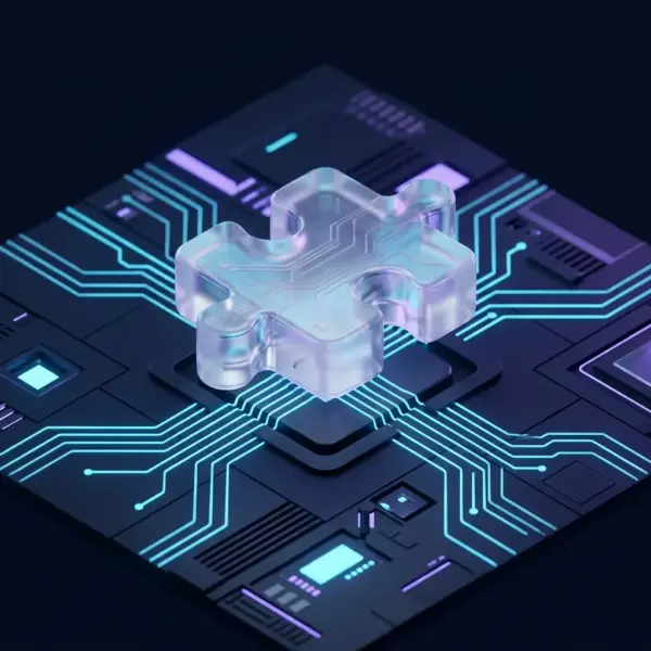 Custom plugin development — a glass puzzle-plug snapping into a circuit board