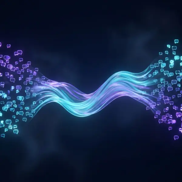Voice-of-customer analyser — feedback bubbles condensing into a sentiment wave