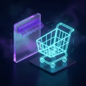 WooCommerce store setup — a light shopping cart beside a glass storefront