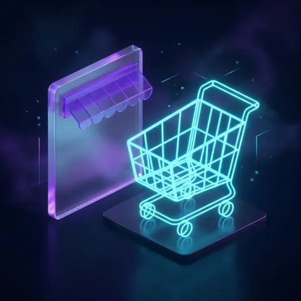 WooCommerce store setup — a light shopping cart beside a glass storefront